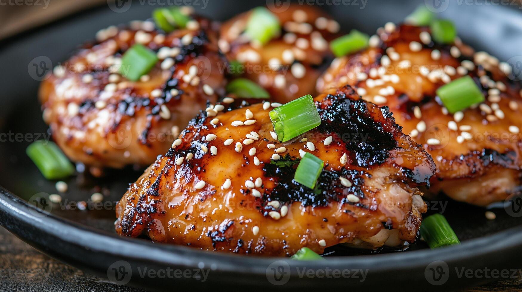 Grilled chicken thighs marinated in teriyaki sauce, garnished with sesame seeds and green onions, create delicious and visually appealing dish. rich flavors and vibrant colors make it perfect meal photo