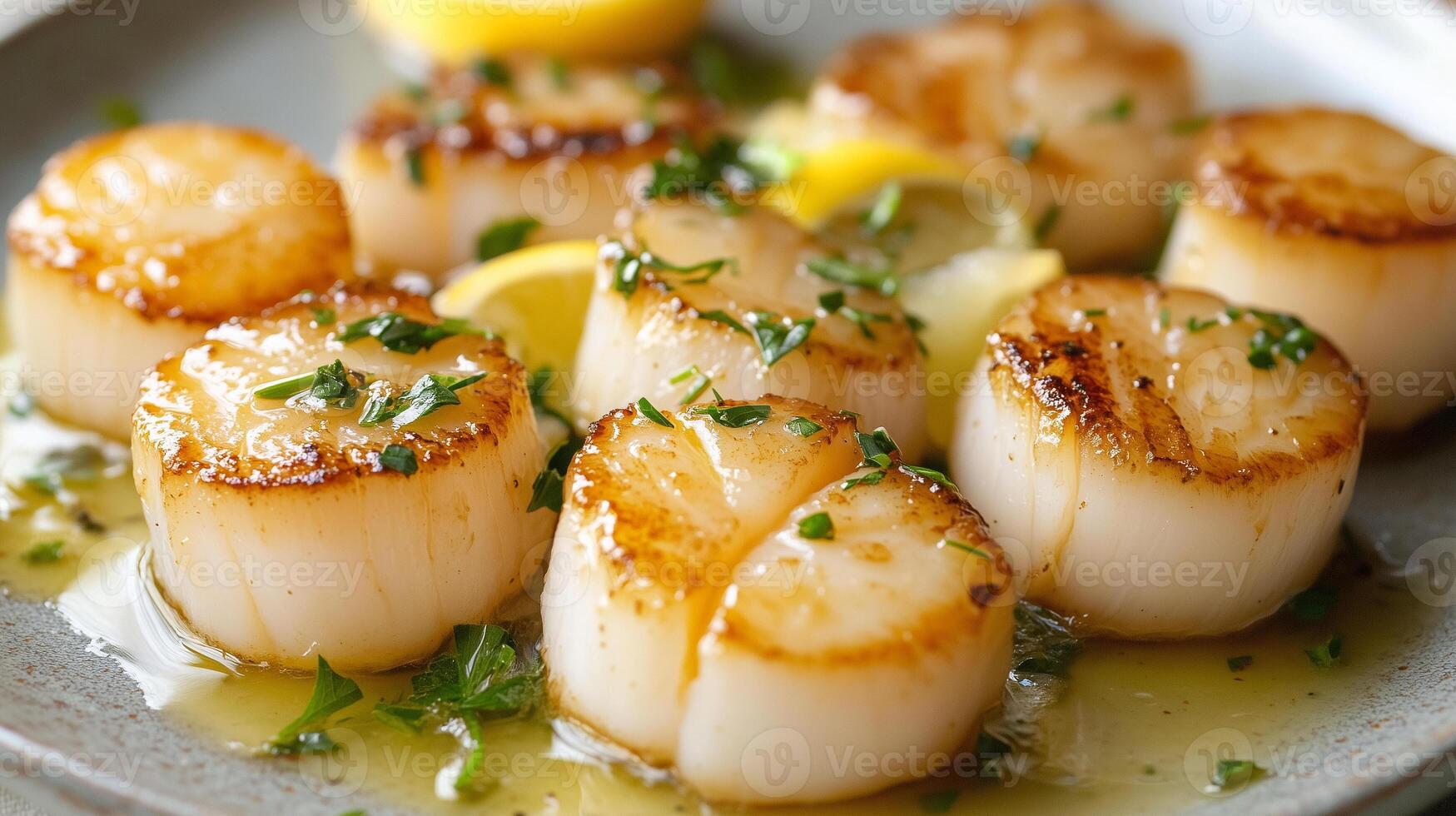 Grilled scallops served with lemon butter sauce, garnished with fresh herbs, create delightful and savory dish. golden brown sear enhances flavor, making it perfect seafood treat photo