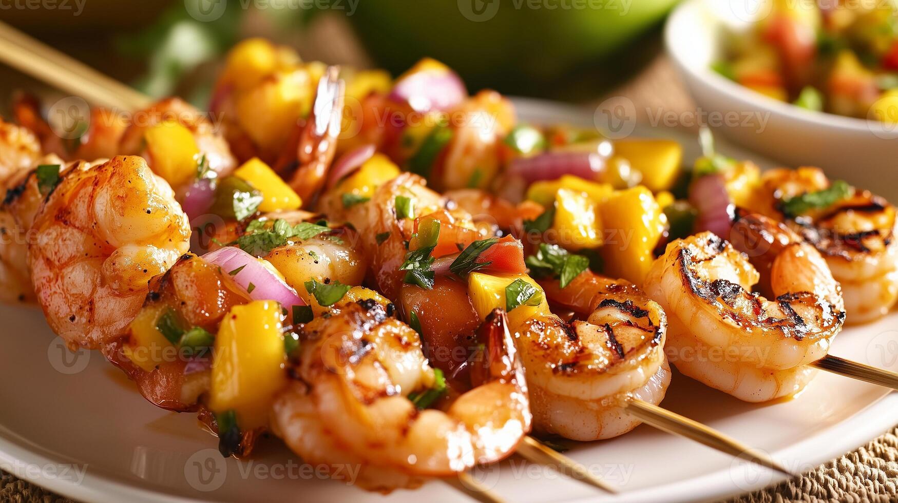 Grilled shrimp skewers served with spicy mango salsa create vibrant and flavorful dish. combination of succulent shrimp and fresh mango adds delightful touch to any meal photo