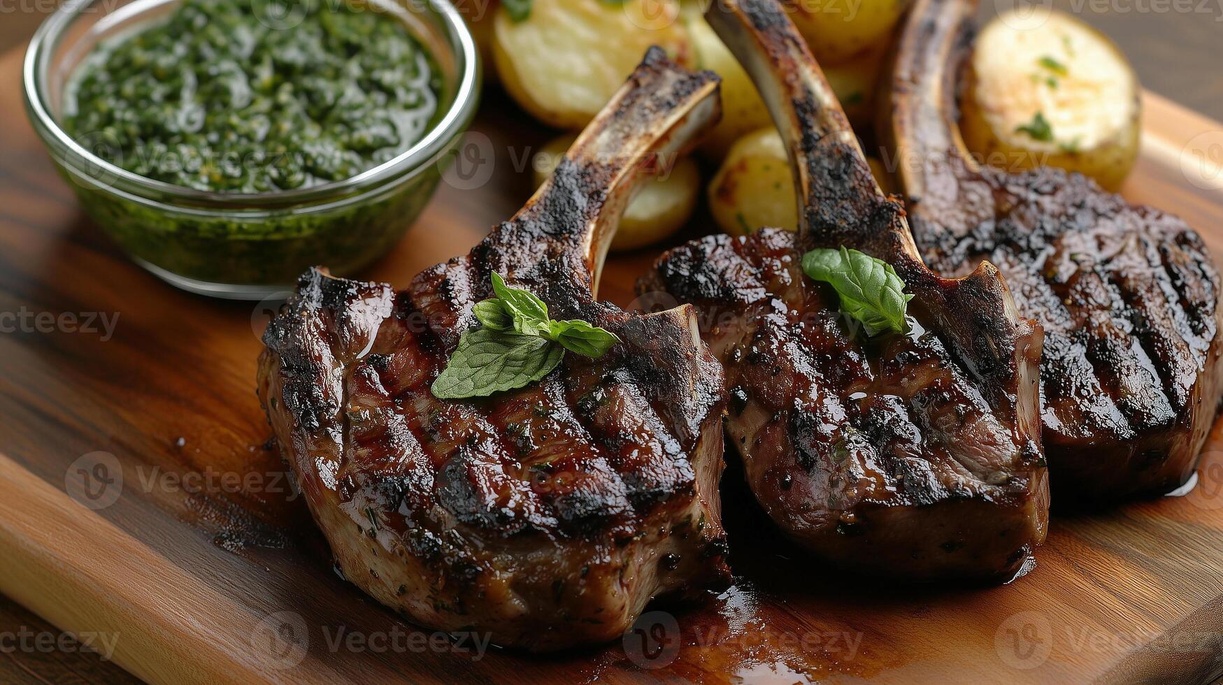 Grilled lamb chops served with mint sauce and roasted potatoes create delicious and savory meal. rich flavors and appealing presentation make it perfect for any occasion photo