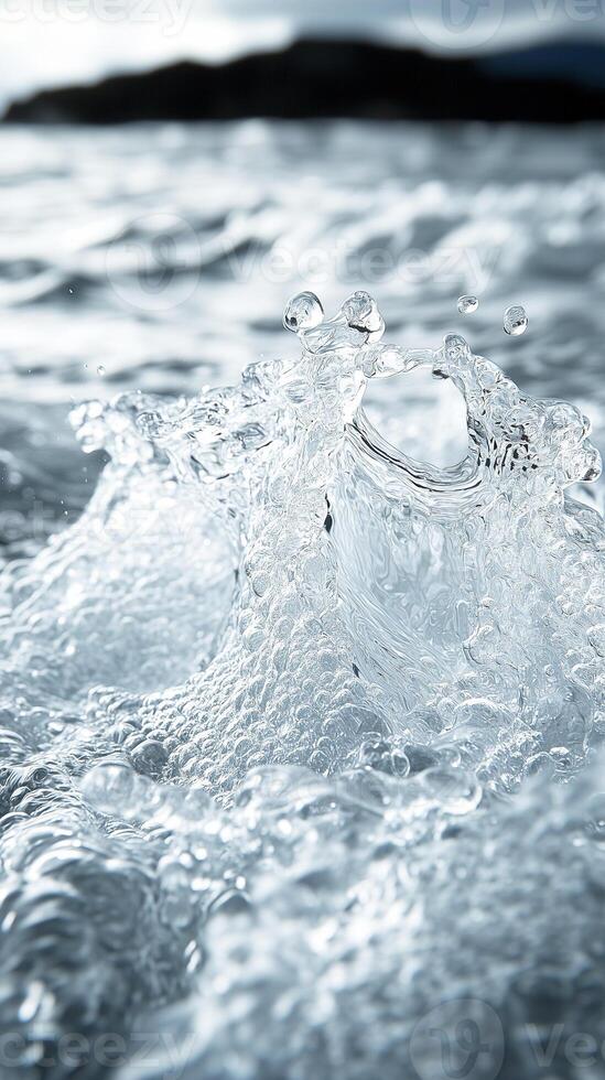 Crystal clear water splashing on ocean surface with mountain shore in the background photo