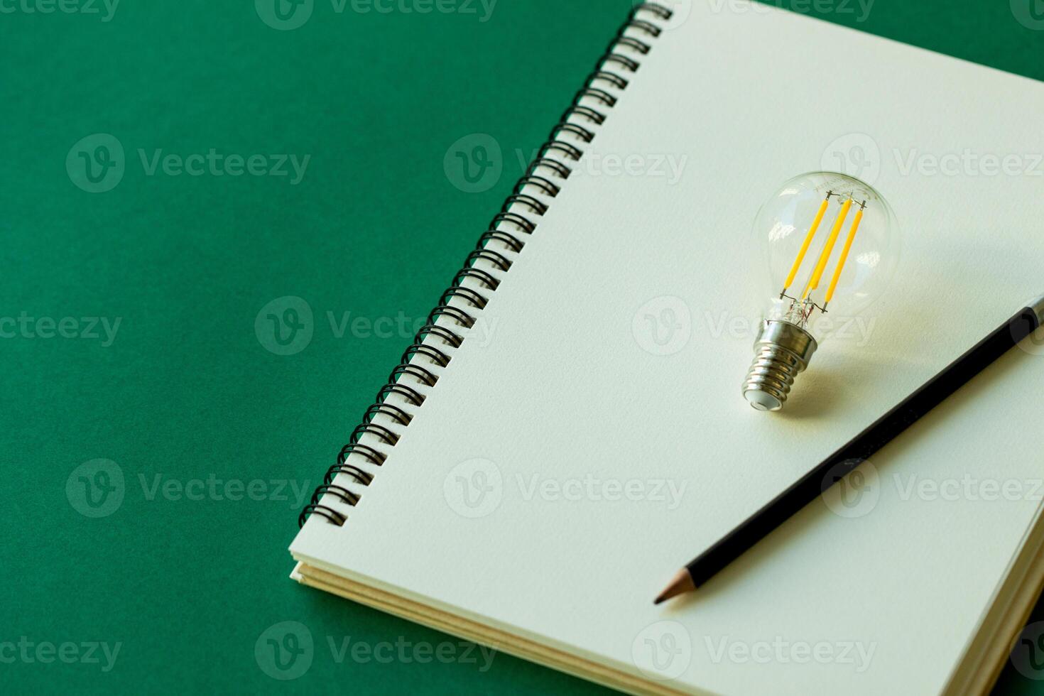 art and idea concept, light bulb , sketchbook and pencil on beautiful green background photo