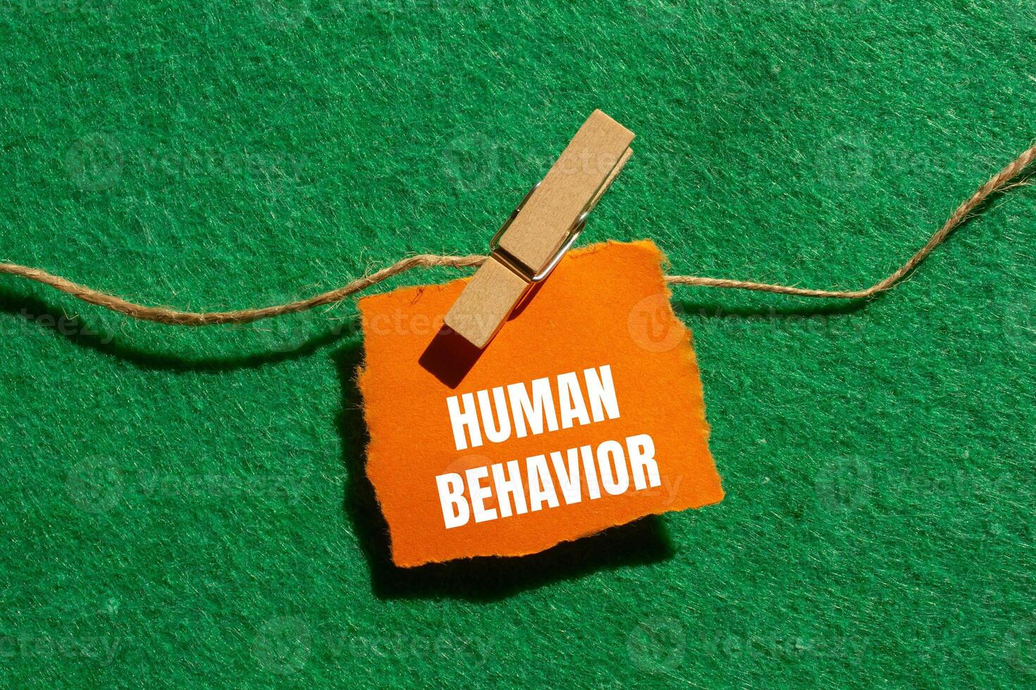 Human behavior message written on ripped torn orange paper piece with green background. Conceptual human behavior symbol. Copy space. photo