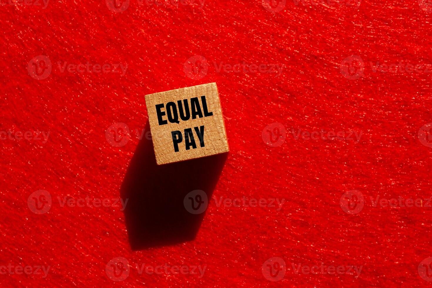 Equal pay message written on wooden cube with red background. Conceptual equal pay symbol. Copy space. photo