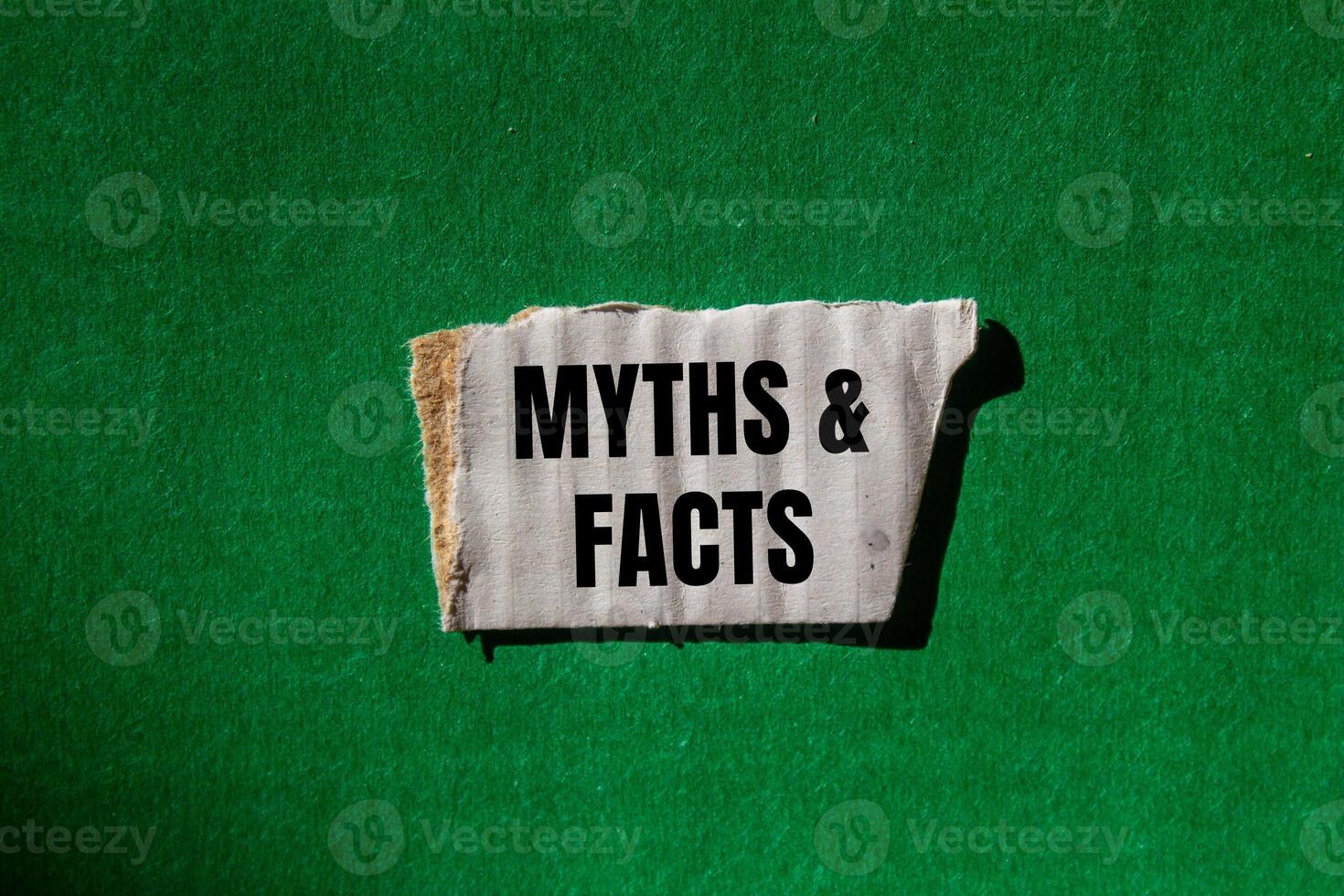Myths and facts message written on ripped torn white paper piece with green background. Conceptual myths and facts symbol. Copy space. photo
