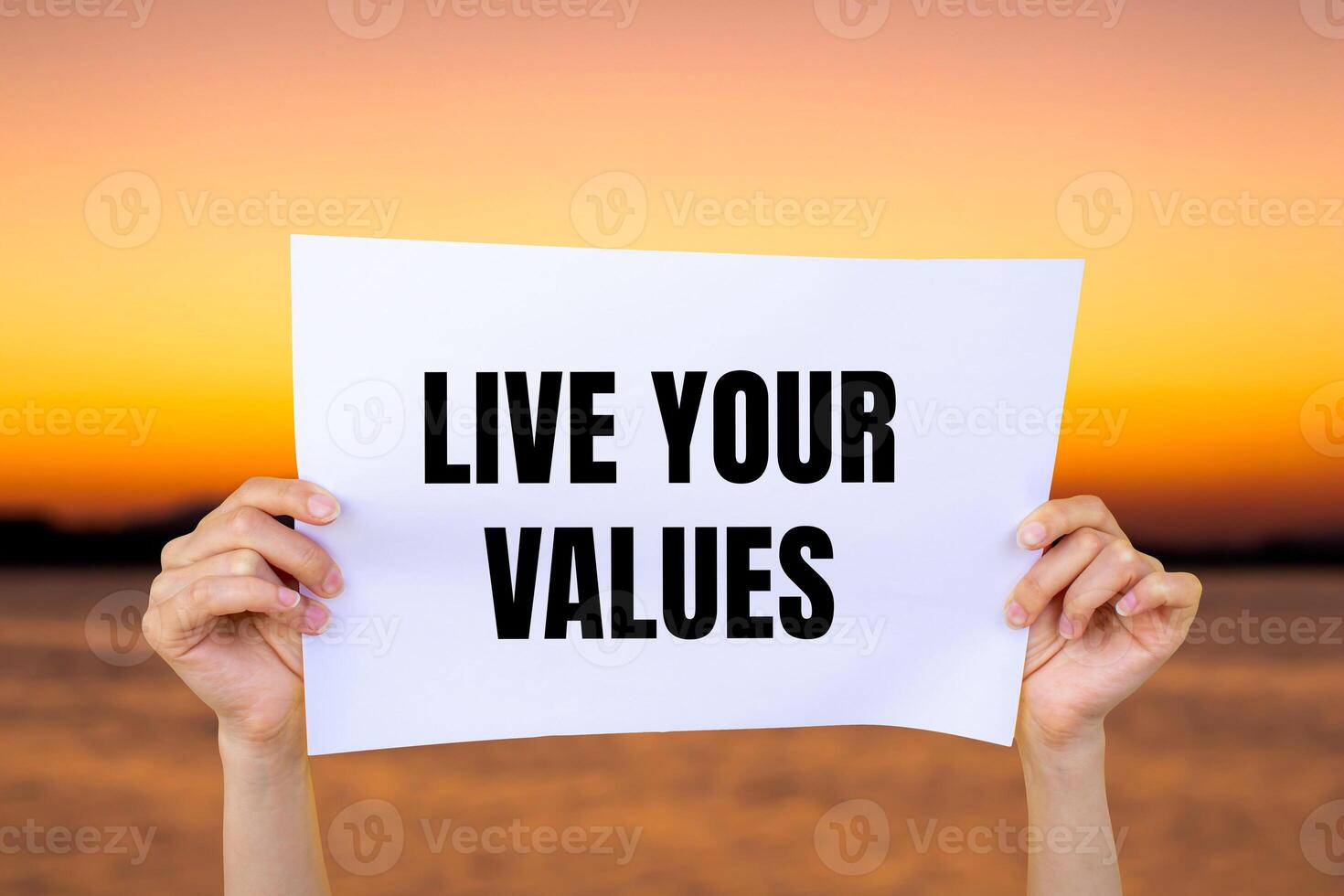 Live your values message written on white paper with blurry lake background. Conceptual live your values symbol. Copy space. photo
