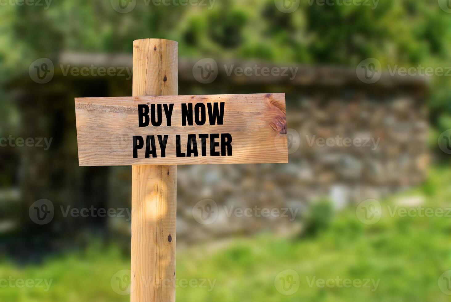 Buy now pay later message written on wooden sign with nature background. Conceptual buy now pay later symbol. Copy space. photo