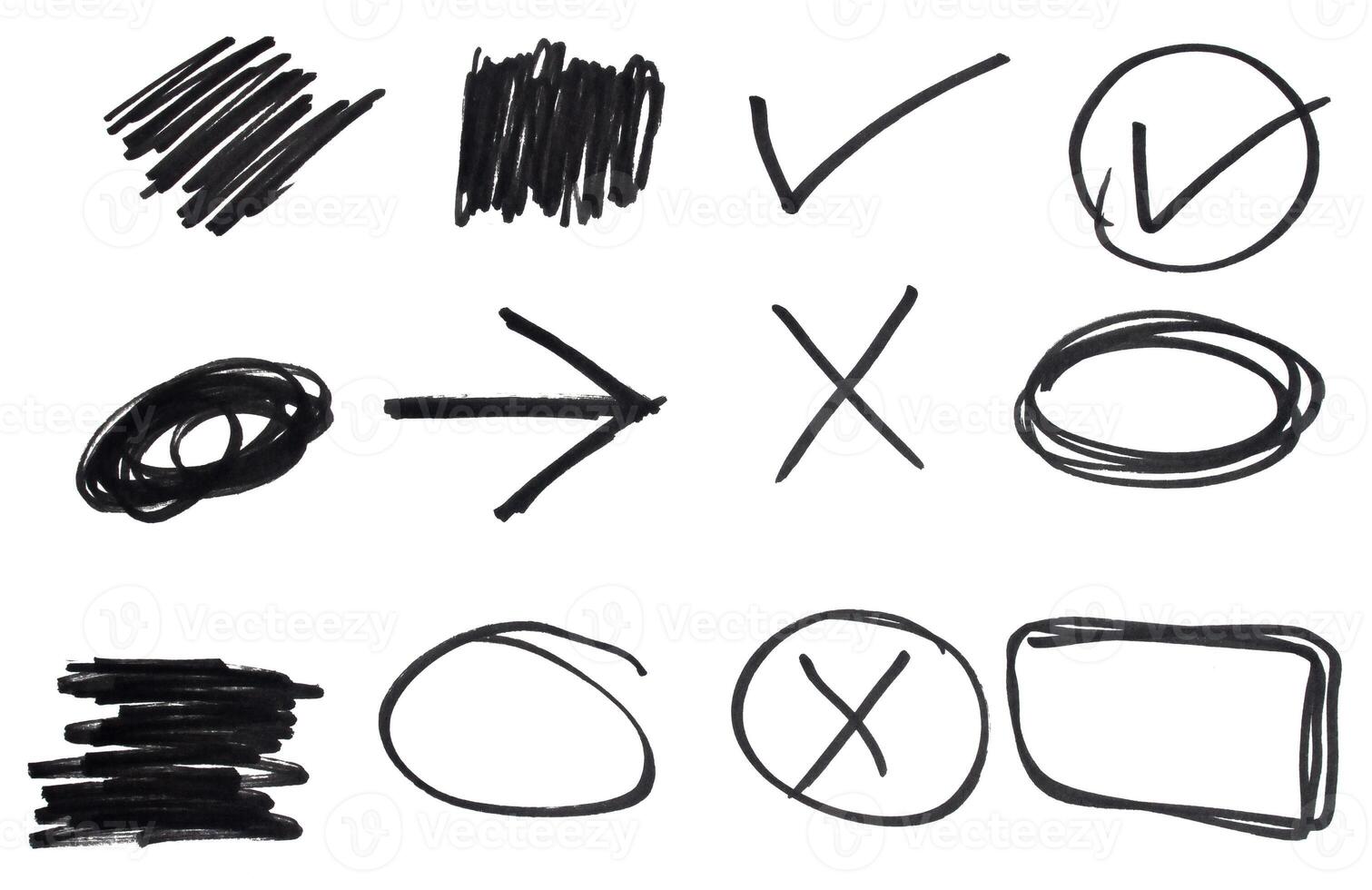 Black marker scribble set design elements isolated on white photo