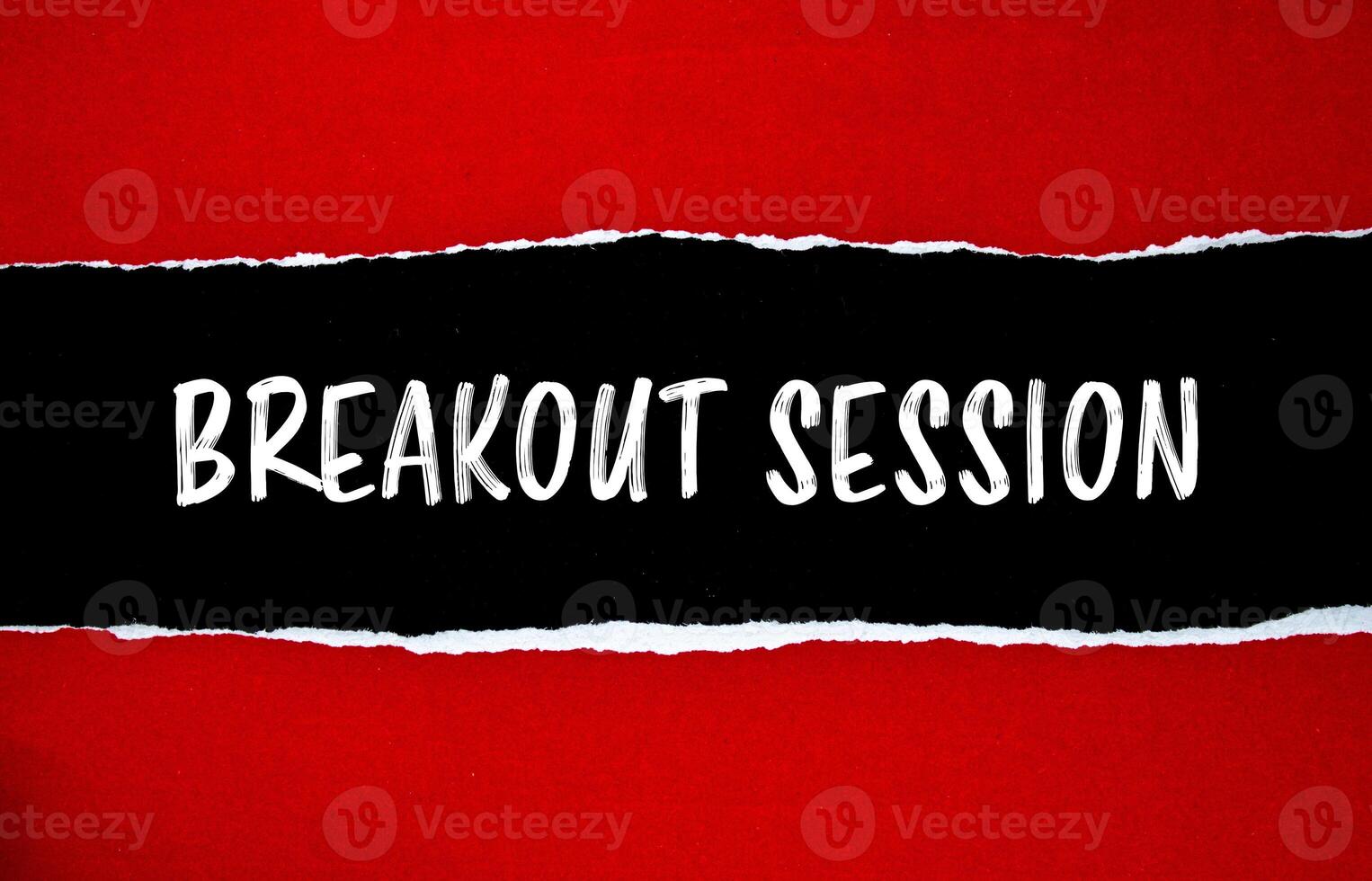 Breakout session message written on ripped torn red paper with black background. Conceptual breakout session symbol. Copy space. photo