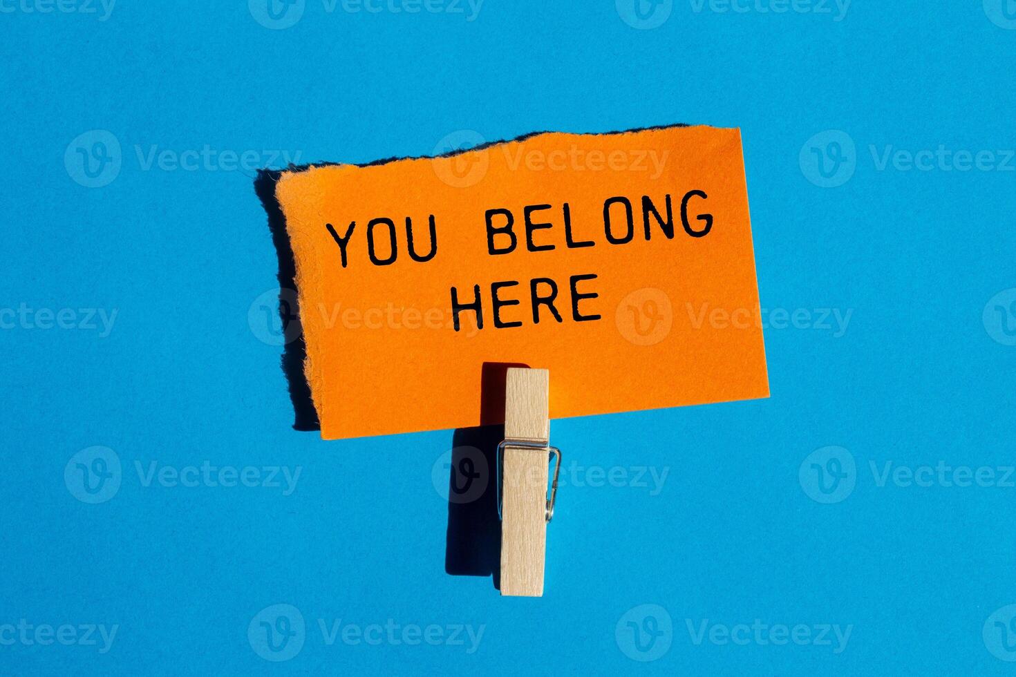 You belong here message written on ripped torn orange paper on blue background. Conceptual you belong here symbol. Copy space. photo