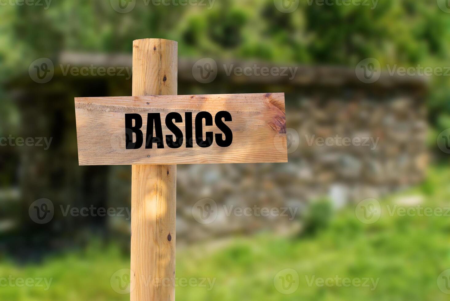 Basics message written on wooden sign with nature background. Conceptual basics symbol. Copy space. photo