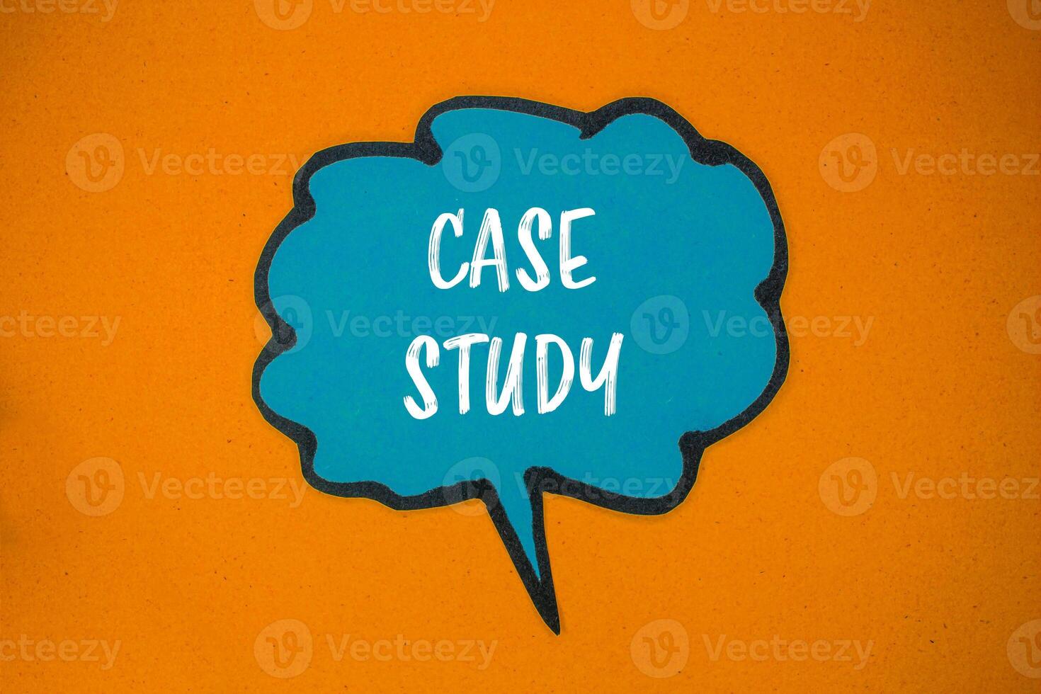 Case study message written on blue paper speech bubble with orange background. Conceptual case study symbol. Copy space. photo