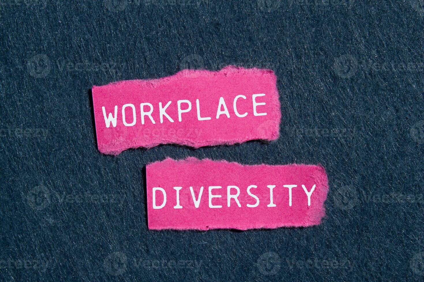 Workplace diversity message written on ripped torn pink paper pieces on gray background. Conceptual workplace diversity symbol. Copy space. photo