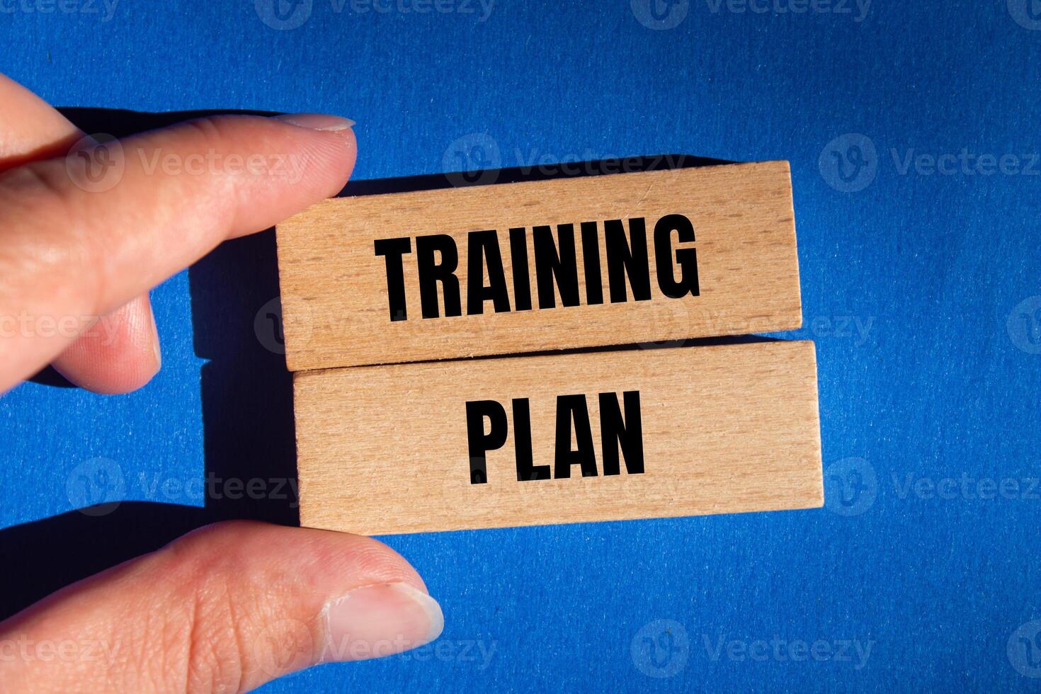Training plan message written on wooden blocks with blue background. Conceptual training plan symbol. Copy space. photo