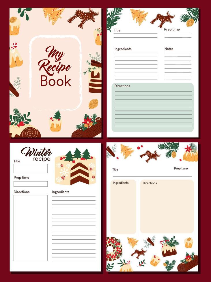 Vertical pages for making notes about cooking homemade desserts. Blank hand drawn template for recipe book. vector