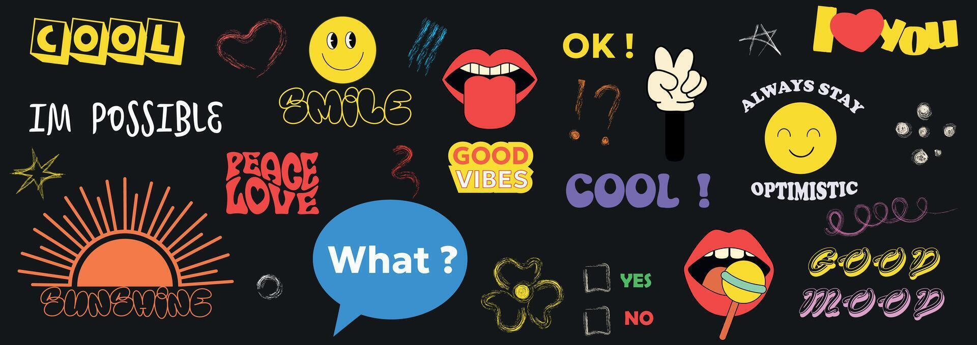 Colorful groovy stickers pack design. Pop Art smile patches. Trendy Y2K emoji elements. Words, emojis, and symbols with positive expressions on a dark background vector