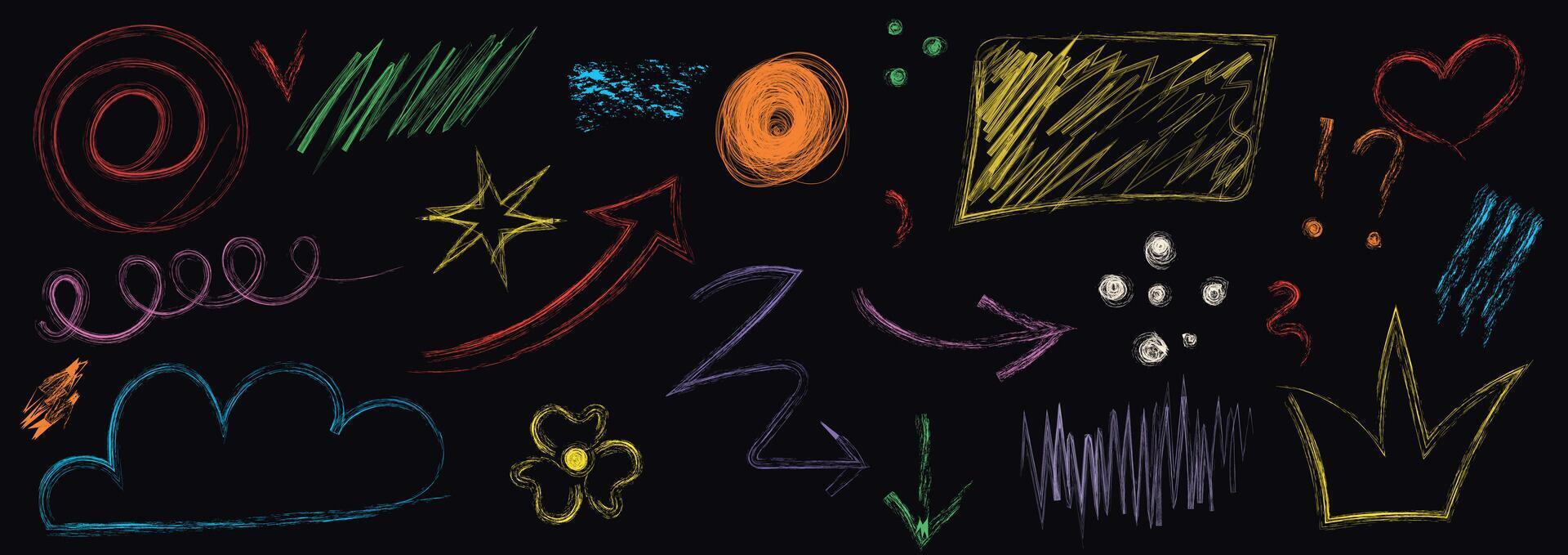 Colorful chalk style doodles with playful designs on a dark background. Scribble pastel texture brush stroke kid square, spiral, arrow element hand drawn sketch design vector