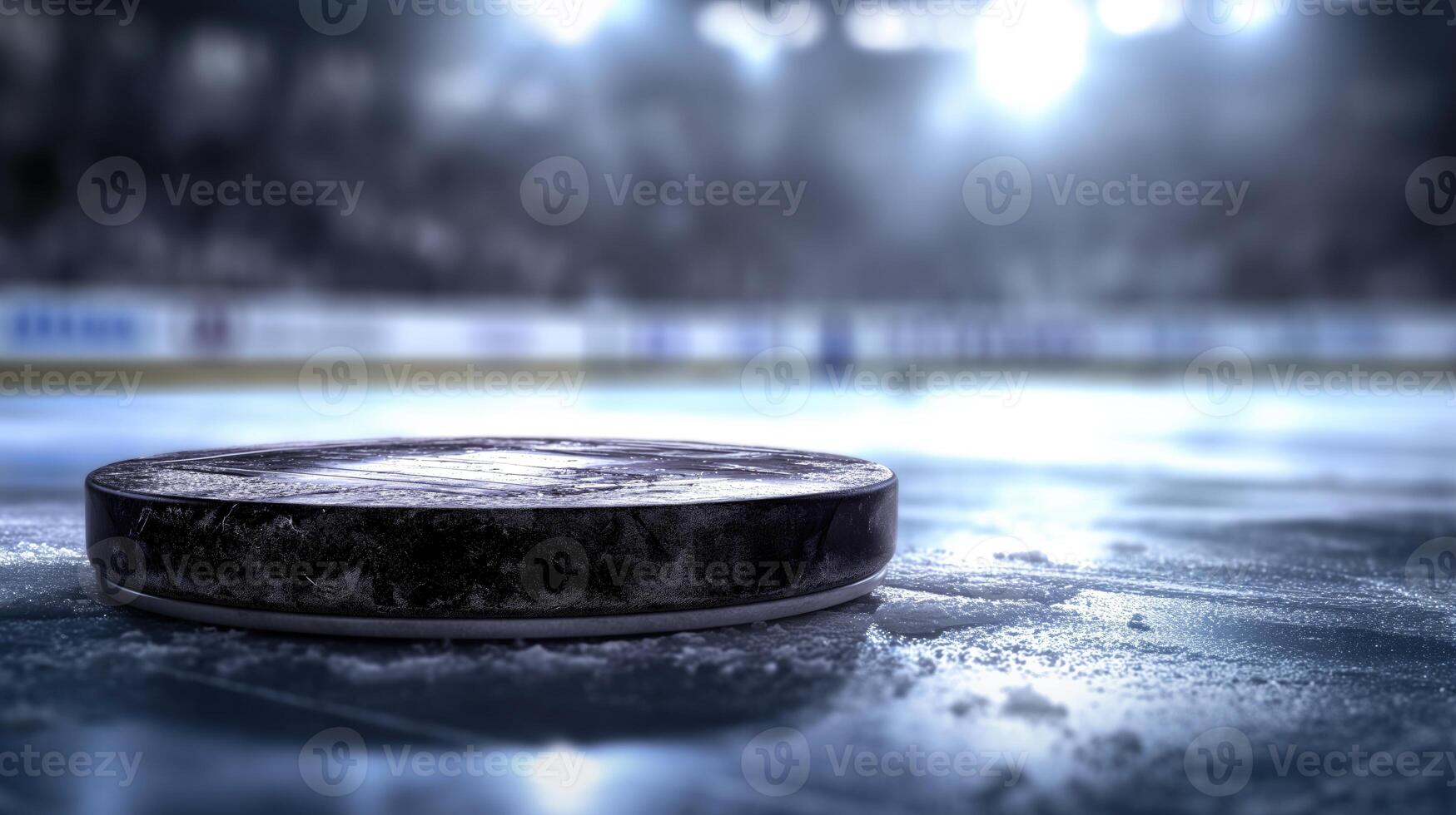 Puck on ice. Stadium for playing hockey. Copy space. Macro photography. Horizontal format. photo