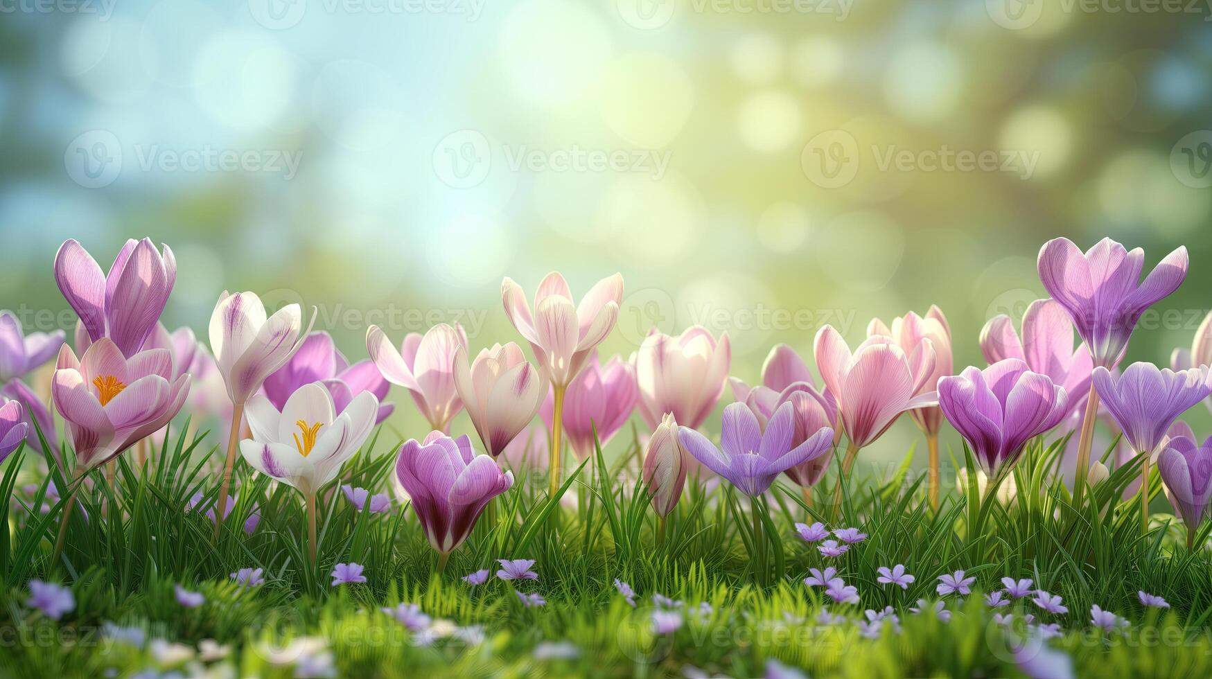 Background of delicate pink and purple flowers growing in the grass. Copy space. Blurred background. photo