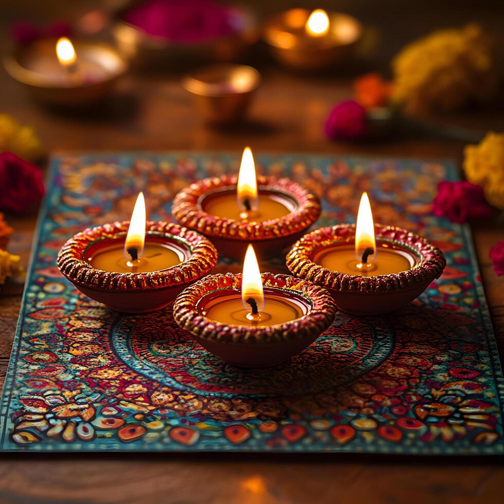 Diwali Card Diyas and Crackers photo