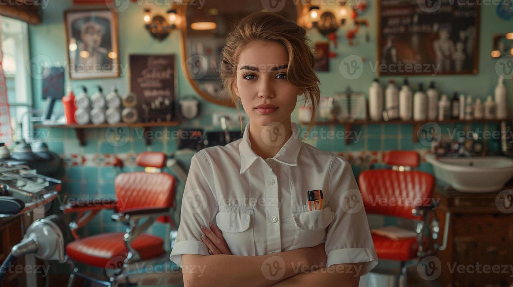 A professional female barber posing in her retro-themed barbershop, filled with classic barbering tools, confident and nostalgic atmosphere photo