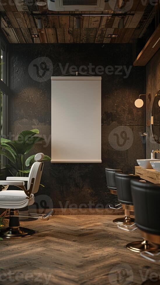 A barber shop with a projector screen and chairs photo