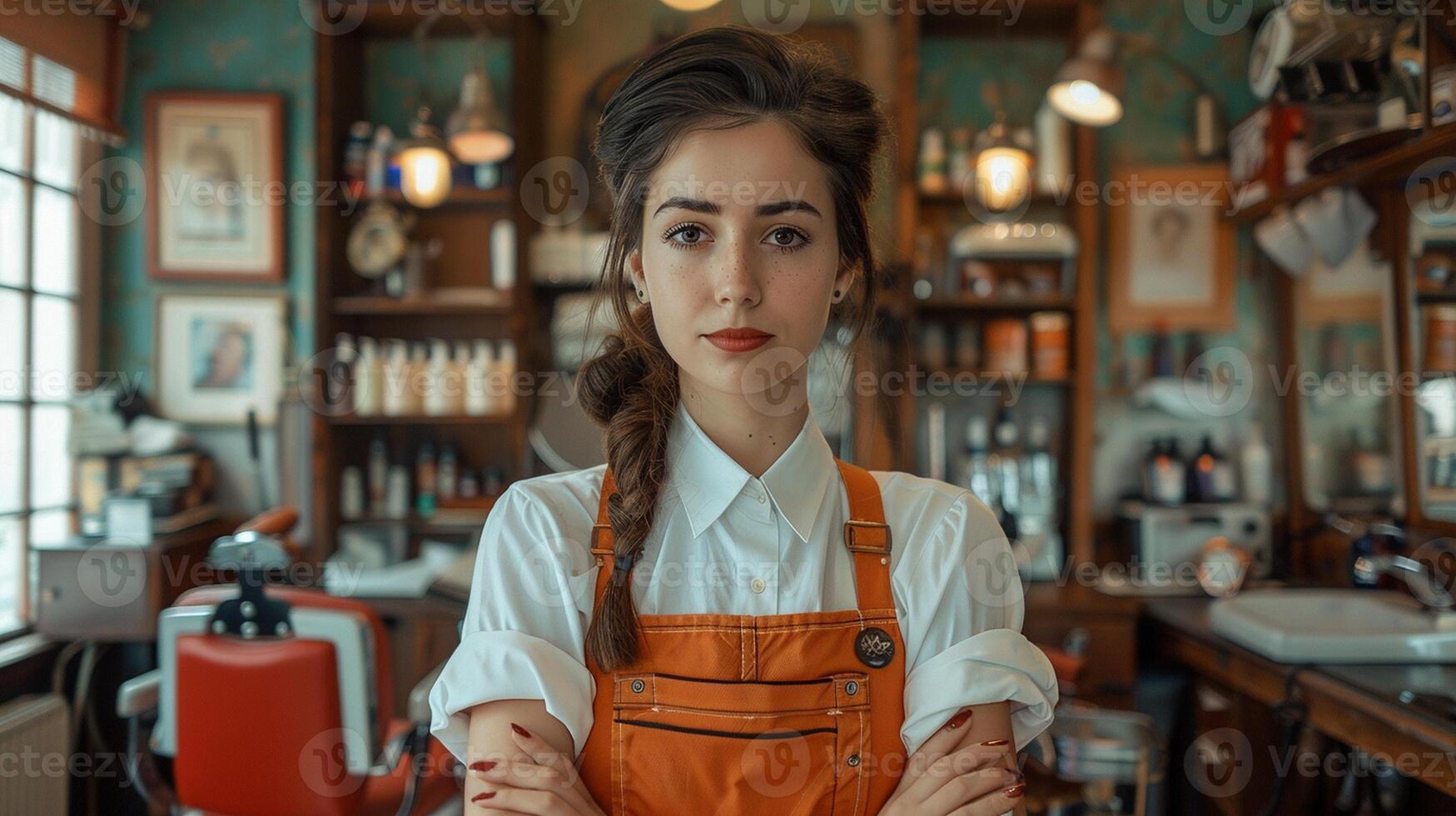 A professional female barber posing in her retro-themed barbershop, filled with classic barbering tools, confident and nostalgic atmosphere photo
