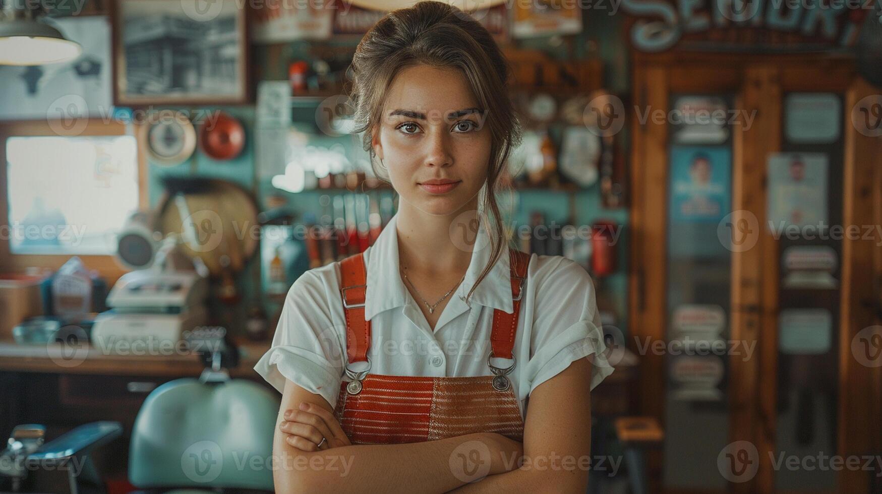 A professional female barber posing in her retro-themed barbershop, filled with classic barbering tools, confident and nostalgic atmosphere photo