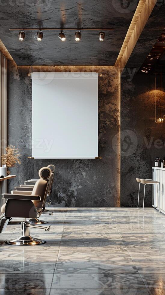 A modern salon with a projector screen and chairs photo