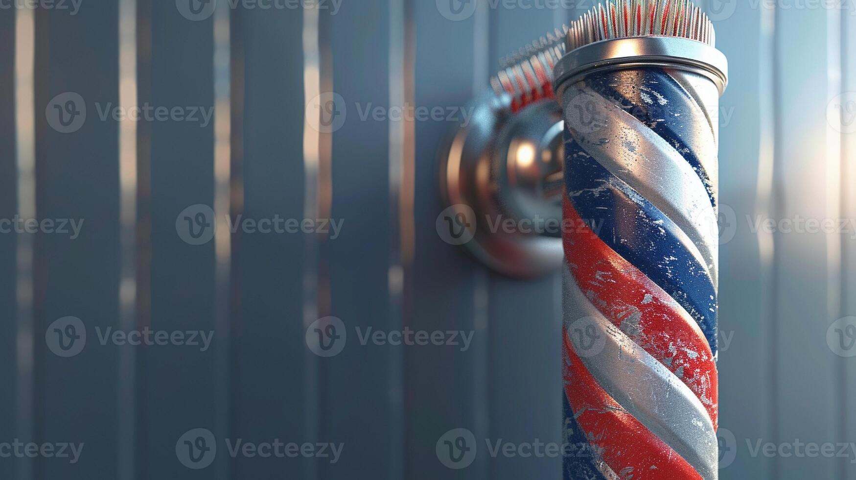 A barber's pole with a red, white and blue striped barber's comb photo