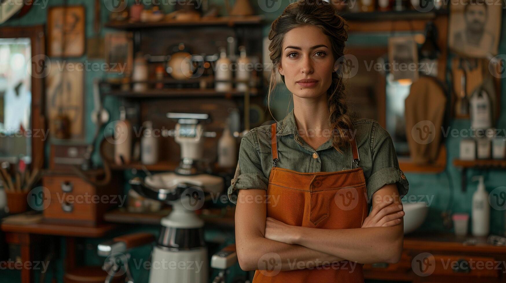 A professional female barber posing in her retro-themed barbershop, filled with classic barbering tools, confident and nostalgic atmosphere photo