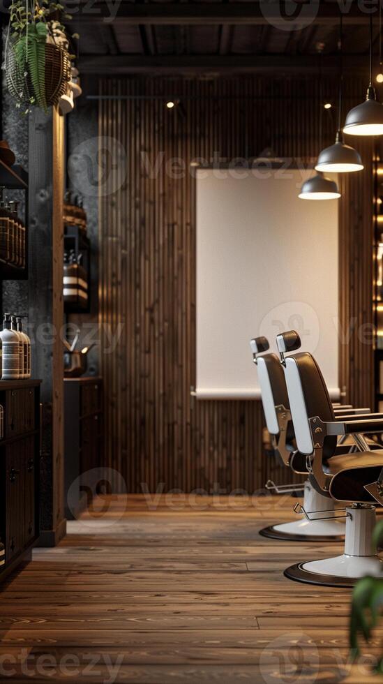 Barber chairs in a barber shop with a projector screen photo