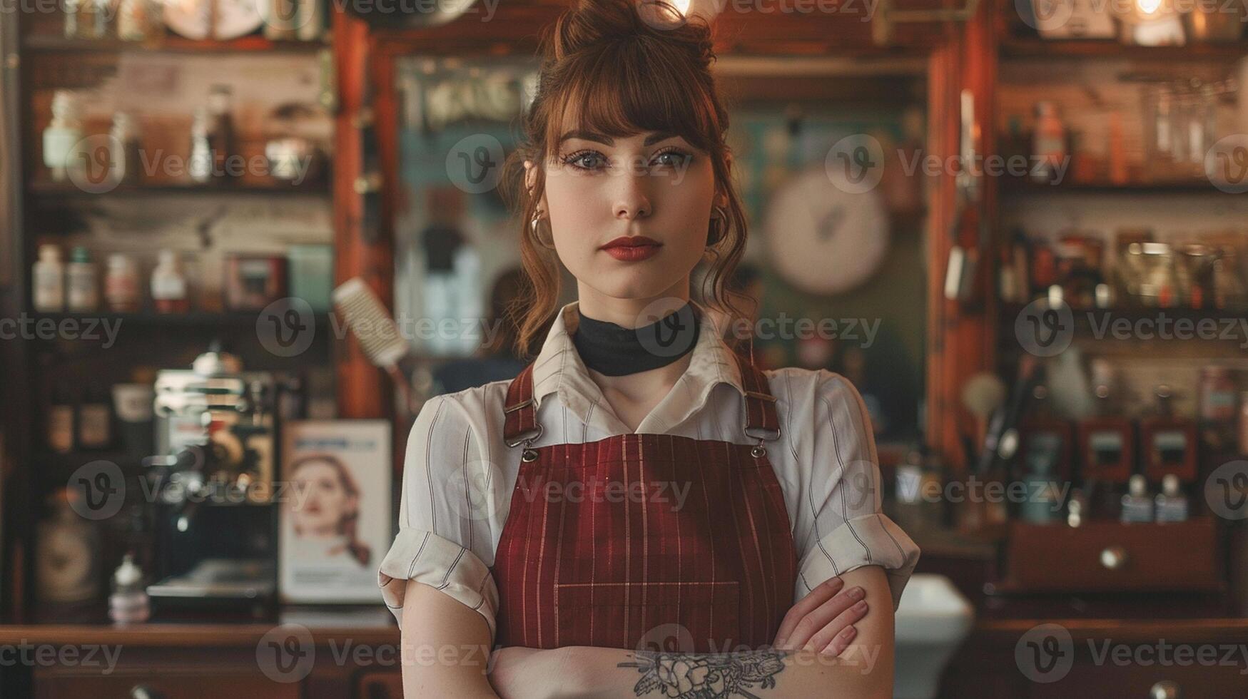 A professional female barber posing in her retro-themed barbershop, filled with classic barbering tools, confident and nostalgic atmosphere photo
