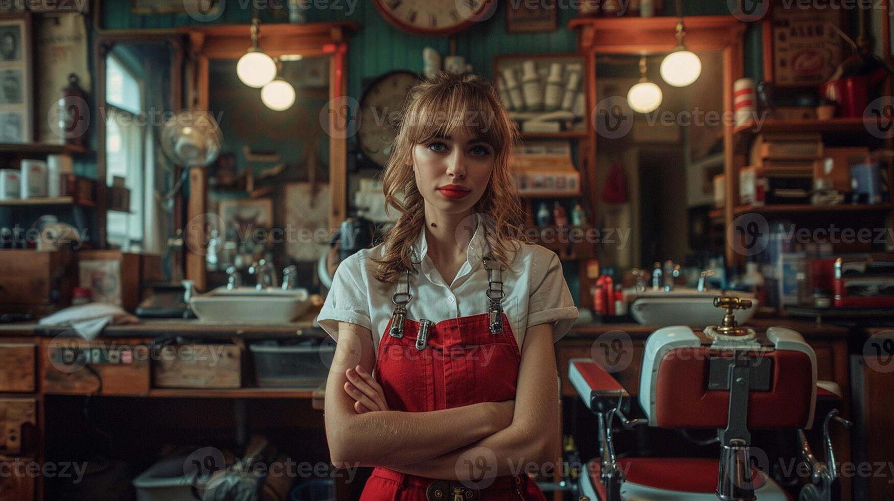 A professional female barber posing in her retro-themed barbershop, filled with classic barbering tools, confident and nostalgic atmosphere photo