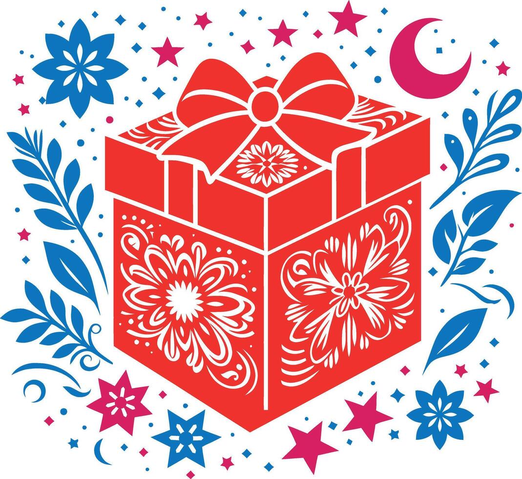 decorative gift box with floral design with moon star and leaf vector