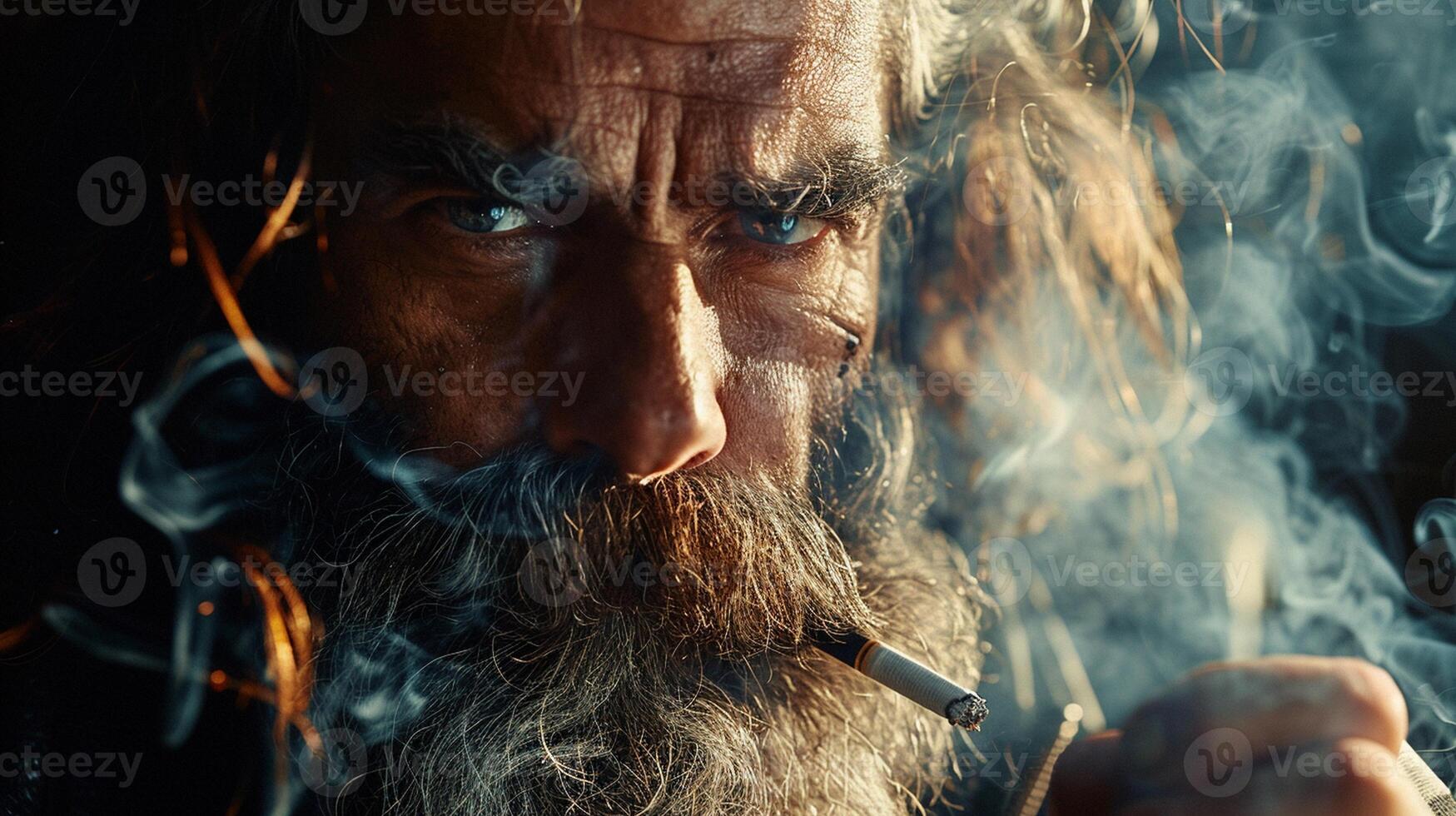 An old man with a beard smoking a cigarette photo