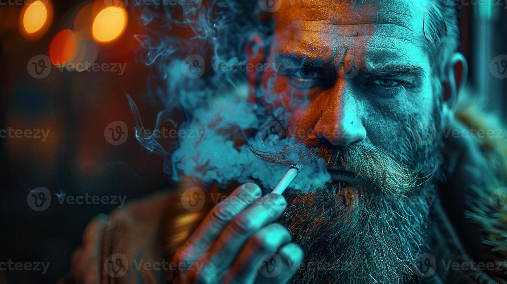 A man with a beard smoking a cigarette photo
