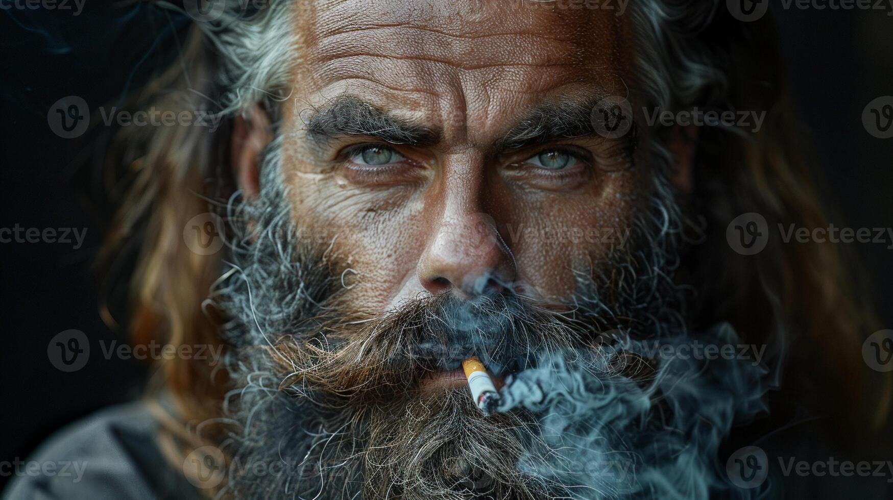 A man with long hair and a beard smoking a cigarette photo