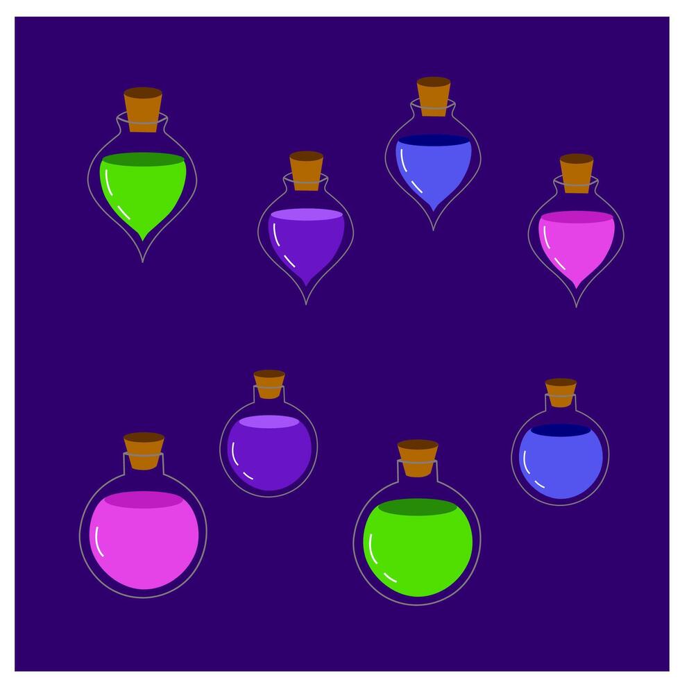 Bottles of potion and objects. icon of magic elixir. design for app user interface. vector