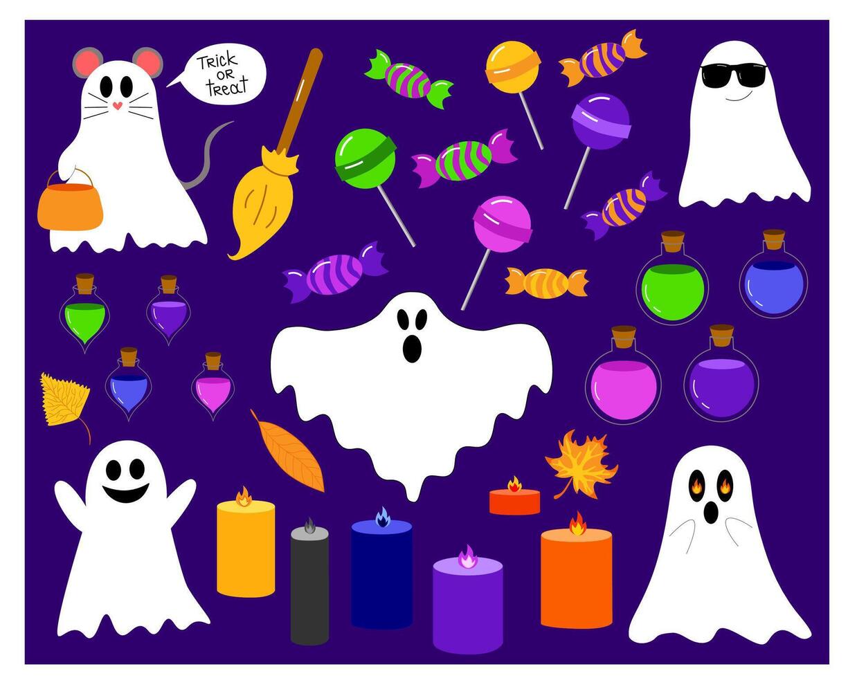 Halloween set of ghosts, candles, potions, candies. illustration of Halloween party. on a dark background. cartoon set of isolates. vector