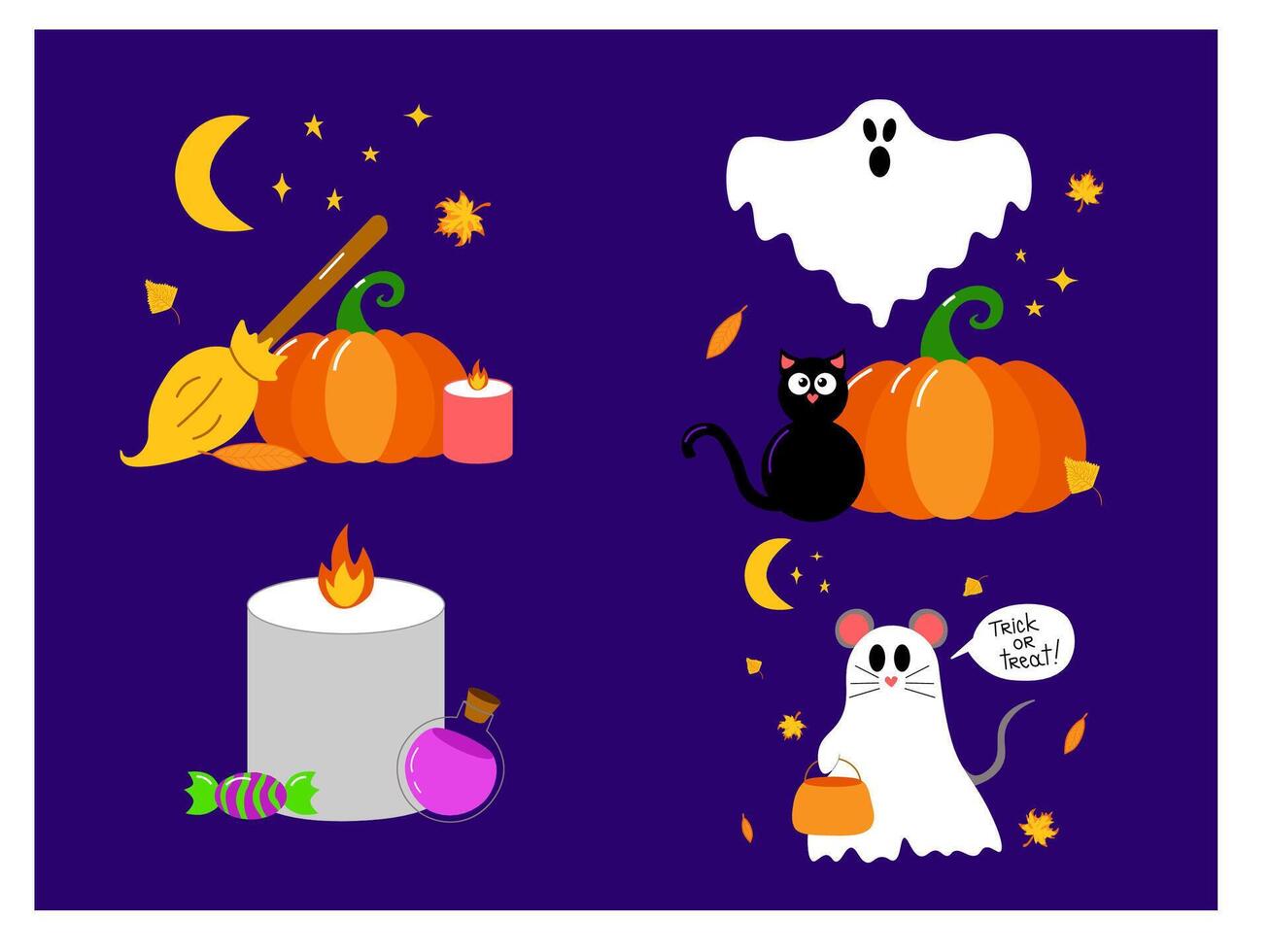 Set collection of compositions for Halloween. Magic set of illustrations with ghost, pumpkin, candle, black cat, candy, bat, baby in fairy costume. vector