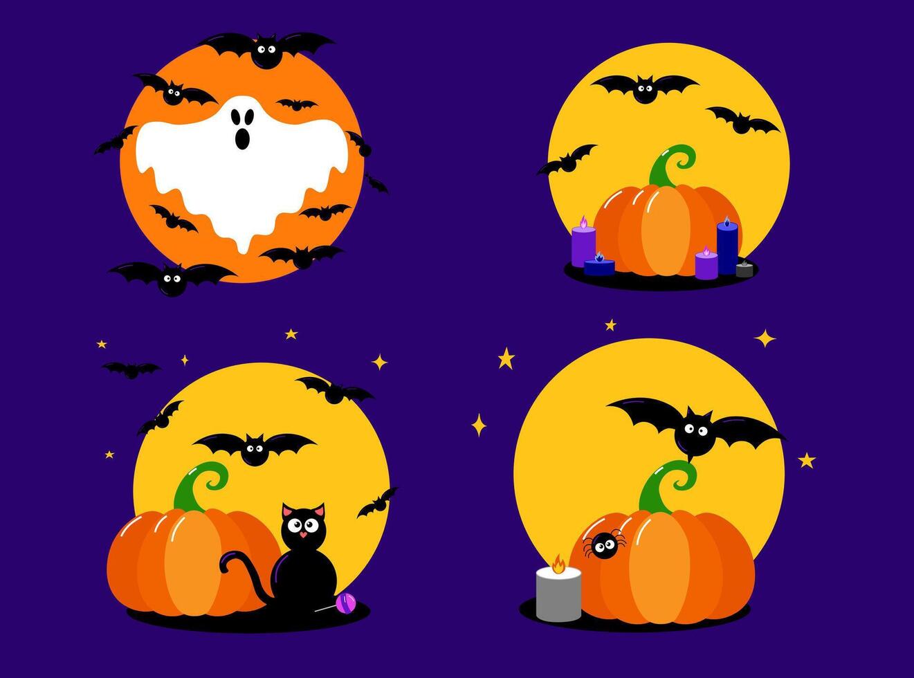 Set of moon compositions illustrations with pumpkins, candles, bats, ghost and black cat. Halloween background, sticker, poster, flat style postcard. vector