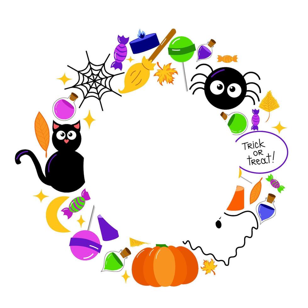 Halloween round frame features black cat, broom, spider, ghost, pumpkin, candy, lollypops, web and leaves for the seasonal festivities. round border for photo vector