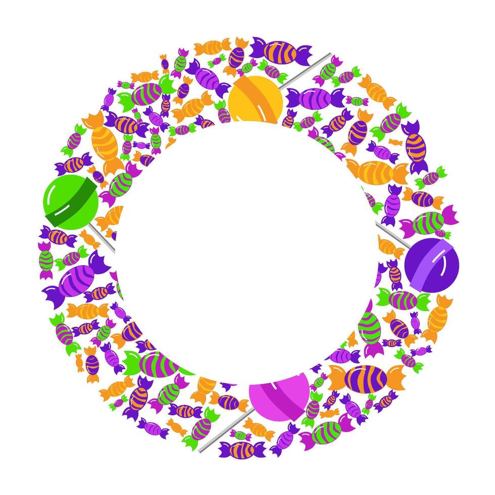 Circle frame with candies and lollypops. Happy Sweetest Day and halloween. background. Template for posters, postcards, cards, banners, packaging, menu vector