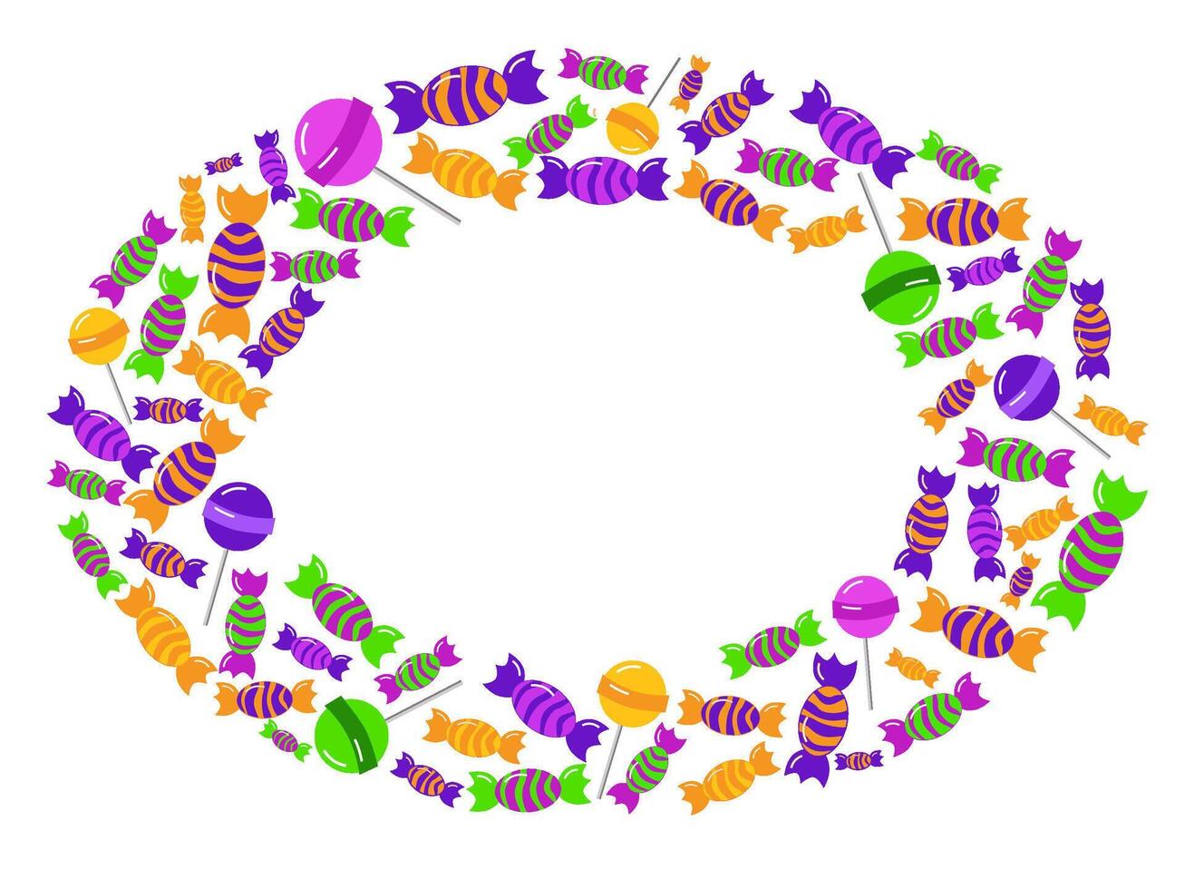 Sweet candy oval frame. Multicolored lollipops, candy. Copy space for text. Cartoon illustration. For candy shop, label, cute kid greeting vector