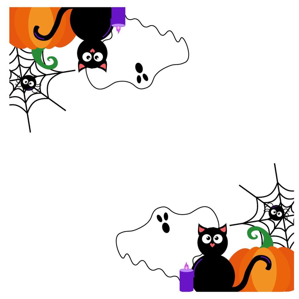 Halloween frame square template for social media with transparent background. Ghosts, pumpkins scary, bat, candies, black cat. spider. Halloween banner. vector