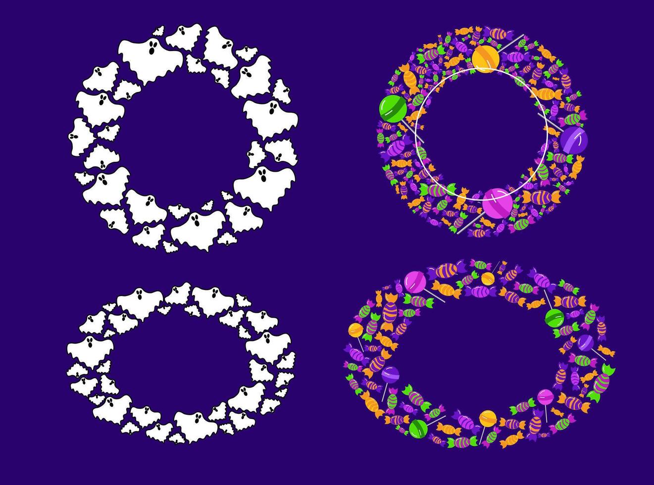 Halloween holiday round circle and oval set. Trick or treat scary silhouettes borders with ghosts, candy and lollipops. Cartoon frames templates vector