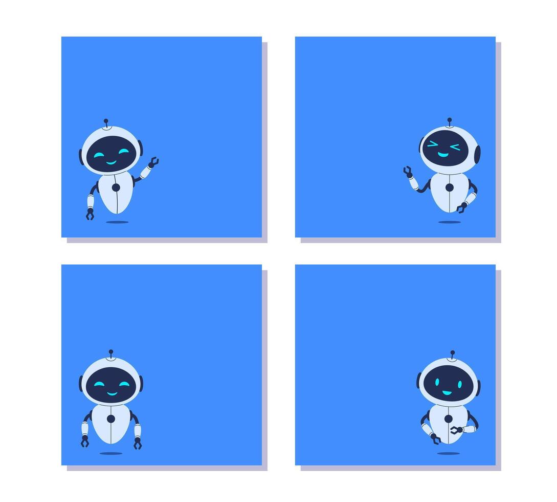 Square backgrounds with robot and copy space for text on blue background. banners for tech-themed designs, chatbot concepts and digital communication projects vector