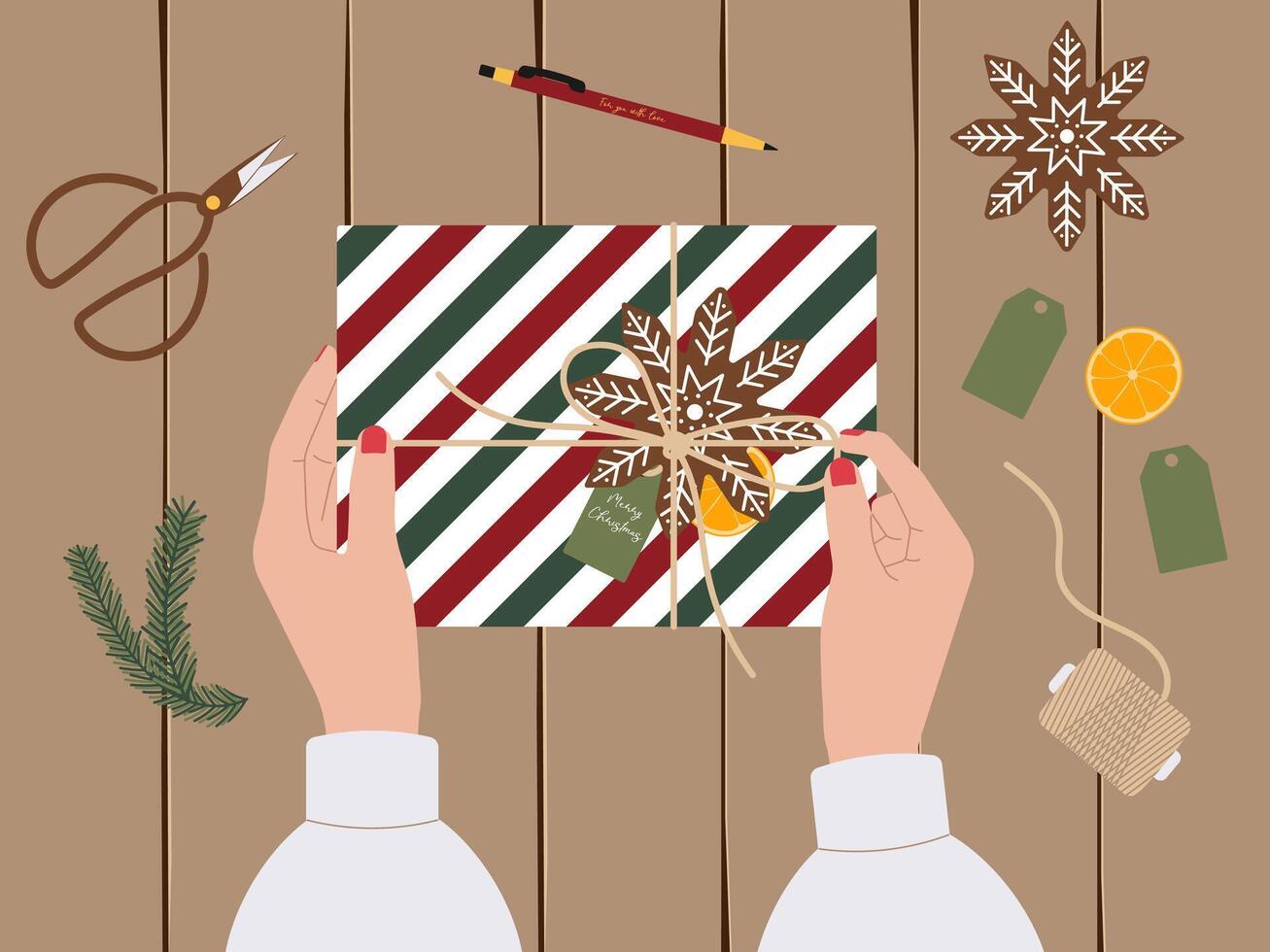 Christmas preparation concept featuring gift wrapping from top view with girl hands. illustration for holiday designs, festive promotions and seasonal packaging visuals vector