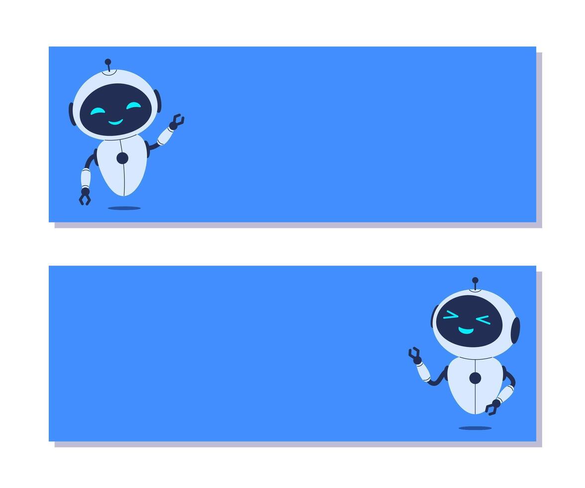 horizontal antecedentes con robot y Copiar espacio para texto en azul antecedentes. pancartas para ai comunicación, cliente Servicio diseños y digital asistente proyectos vector